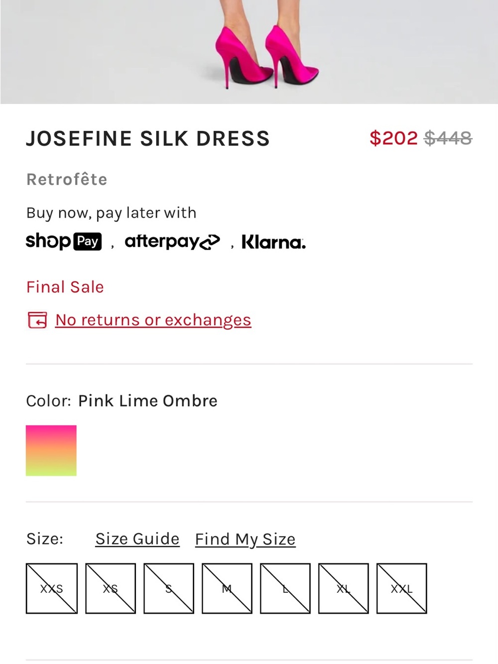 JOSEFINE SILK DRESS Pink Lime Ombre Retrofete silk mini slip dress backless - Picture 4 of 16